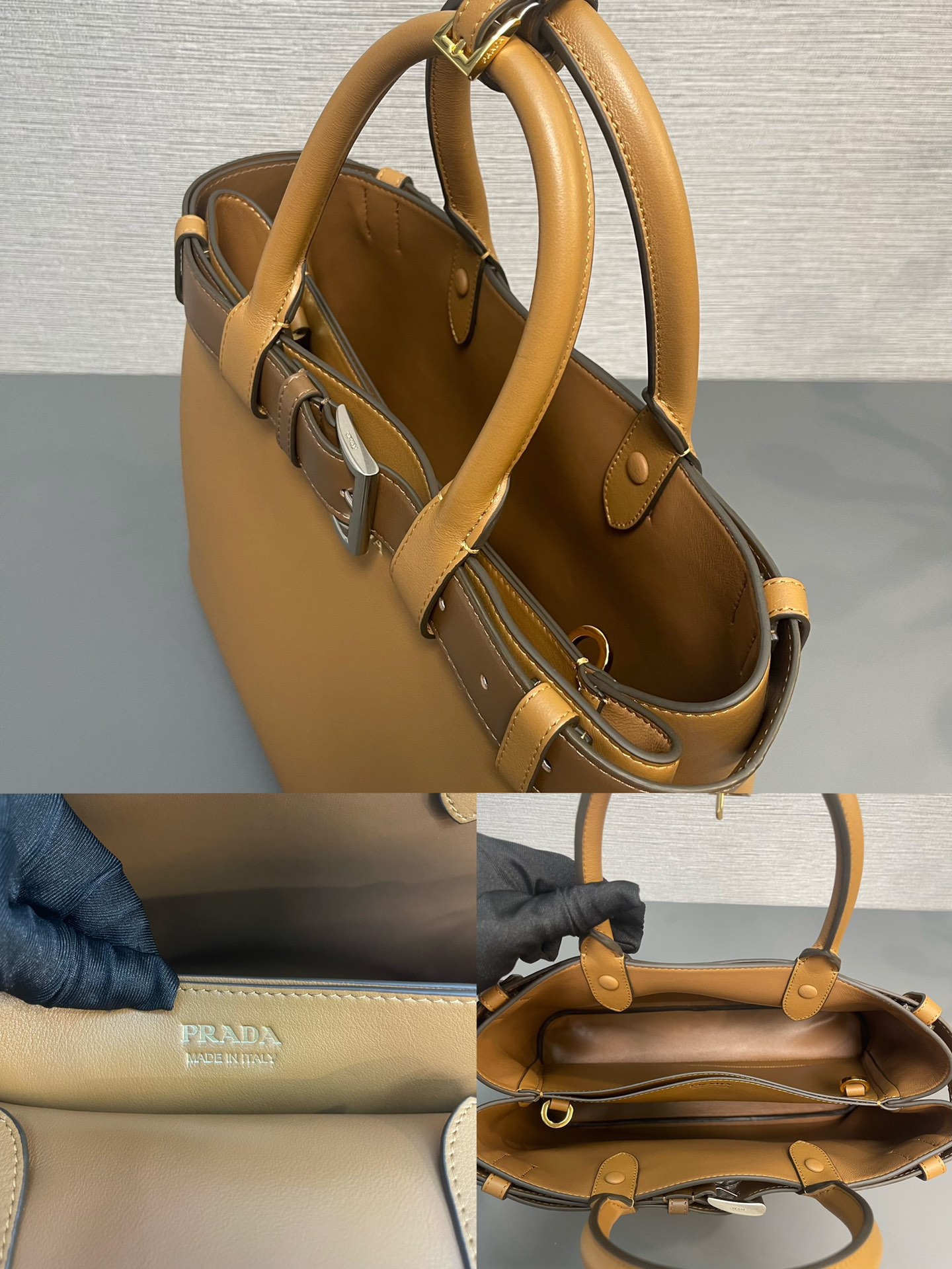 Prada Medium Buckle Leather Handbag Shoulder Bag With Belt Caramel 1BA417